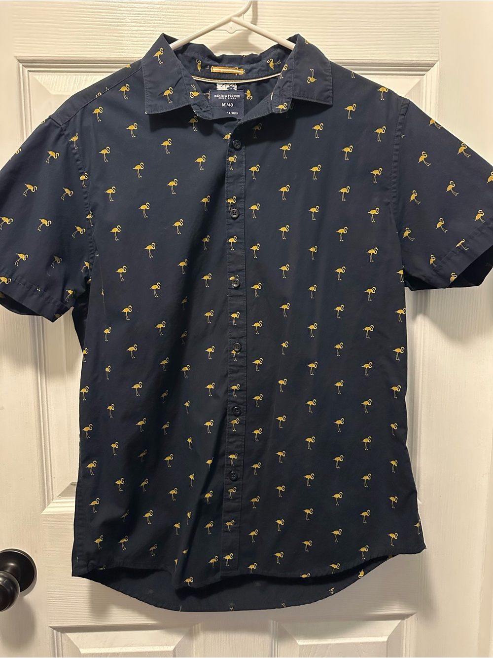 Denim & Flower Navy Short-Sleeve Shirt with Flamingo Print Men’s Size Medium